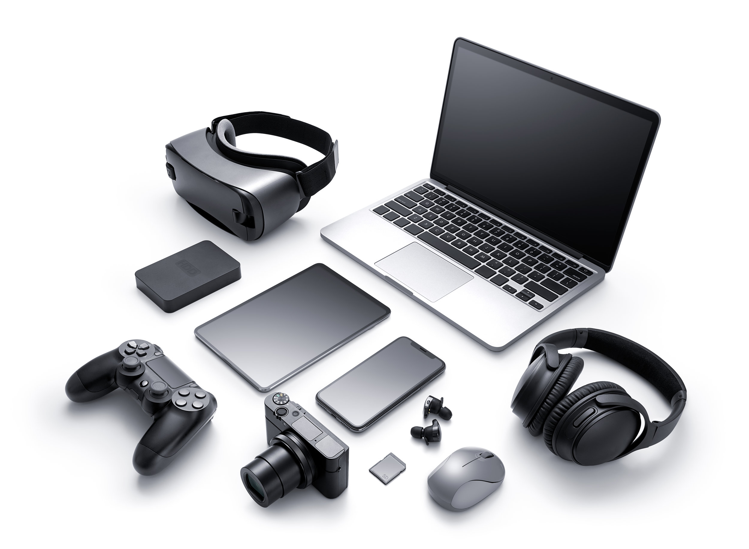 Gadgets and accessories isolated on white background